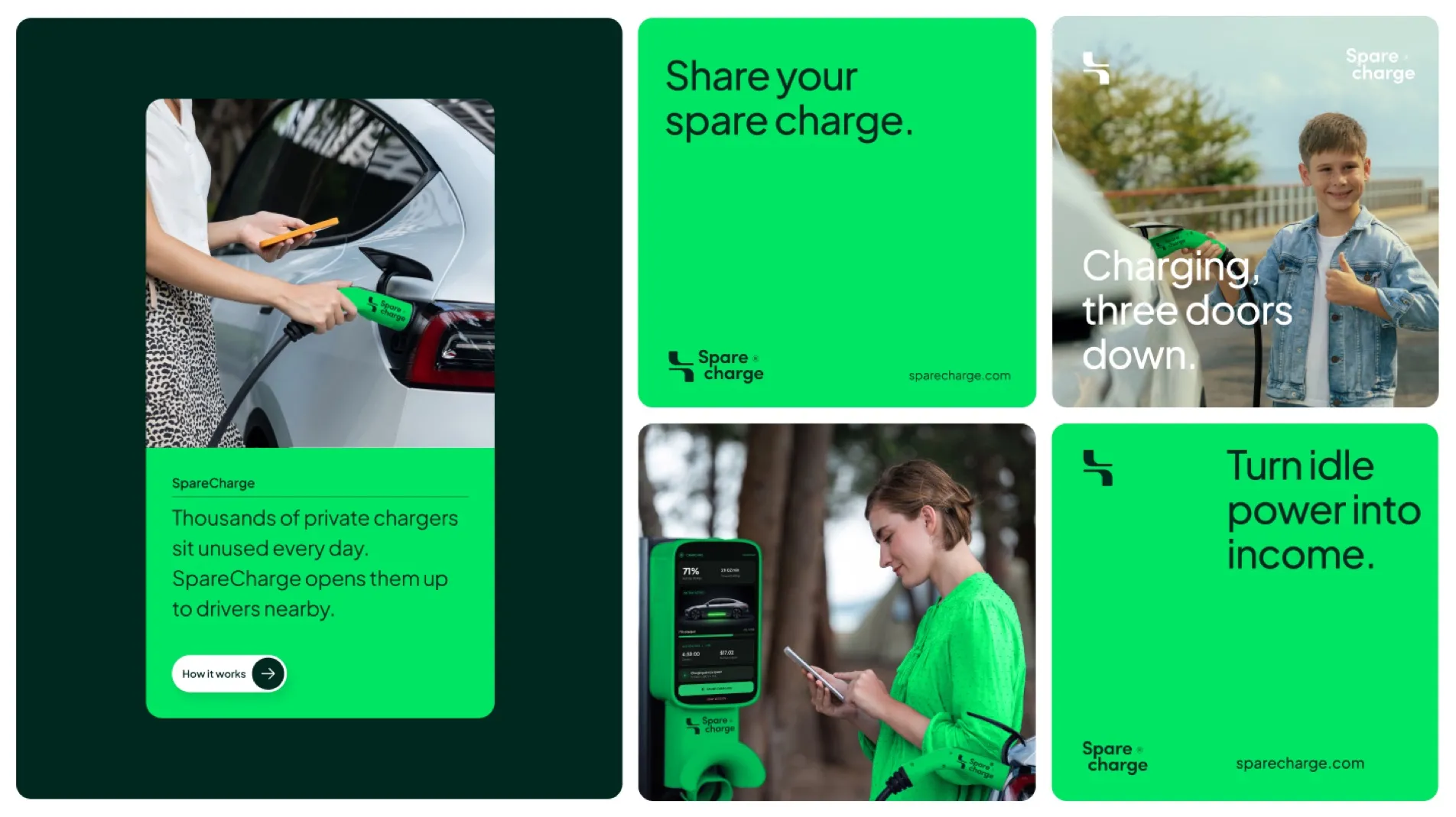 SpareCharge launch ads reading “Share your spare charge” and “Turn idle power into income”