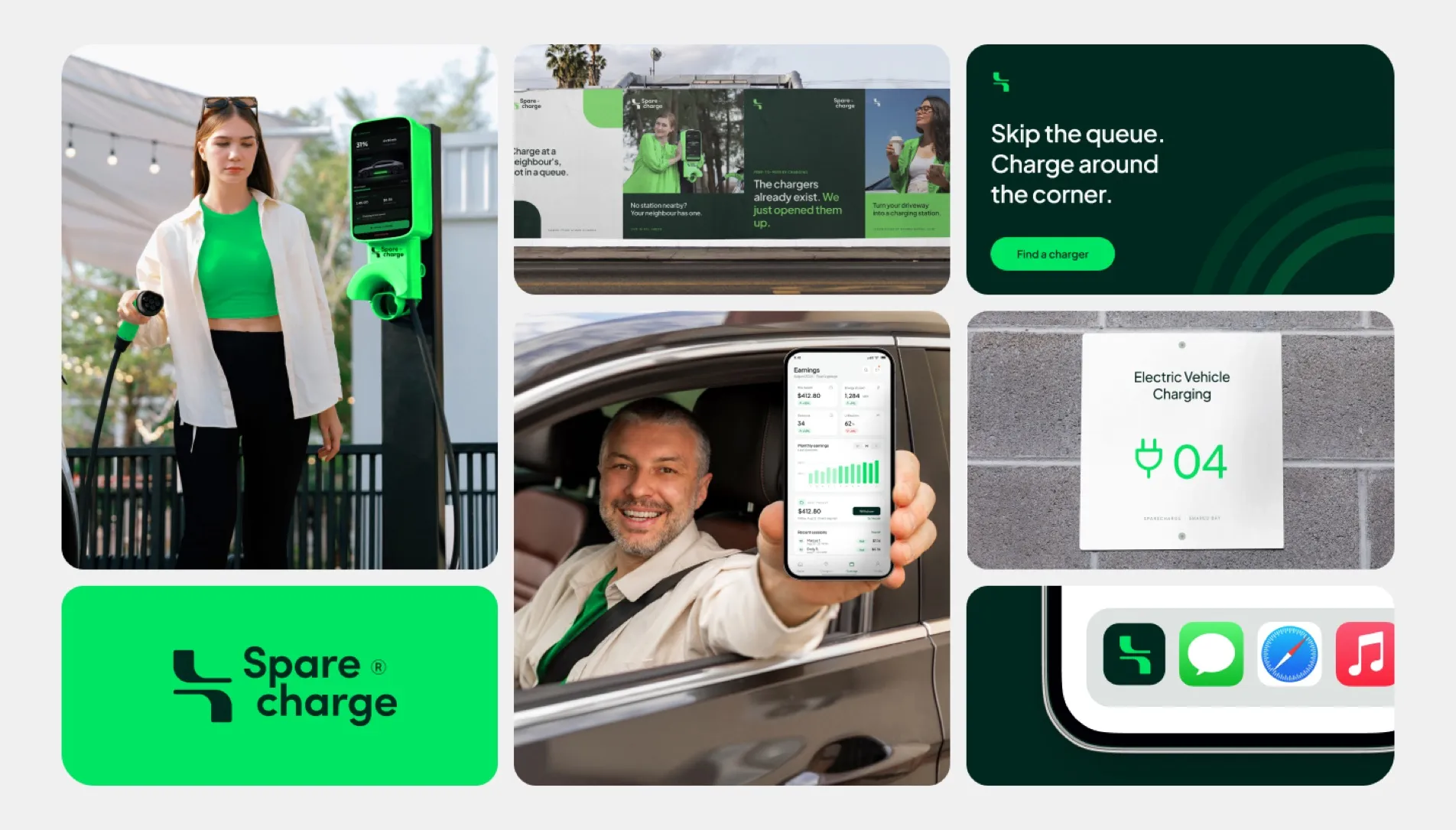 SpareCharge brand overview: a driver at a charger, app screens, the logo and campaign lines