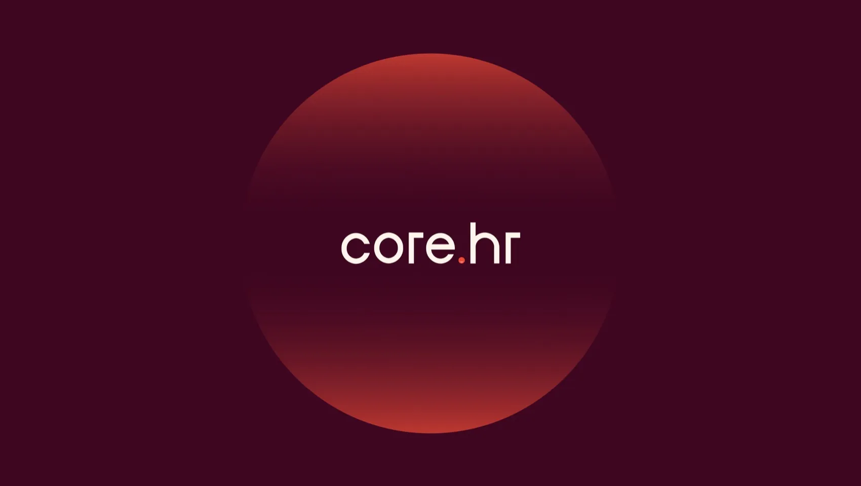 Core.hr wordmark on a glowing red circle over a deep burgundy background