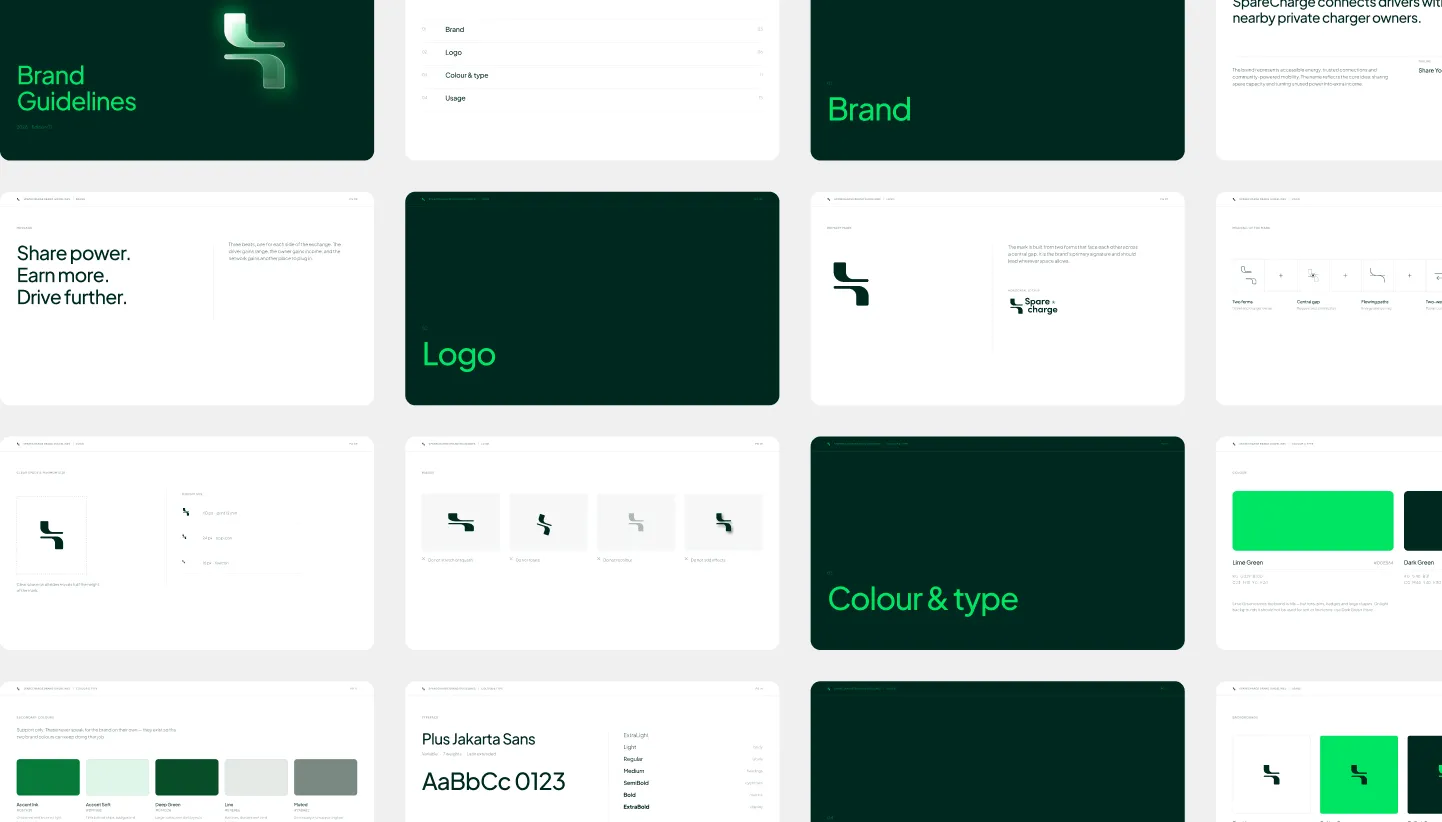 Pages from the SpareCharge brand guidelines
