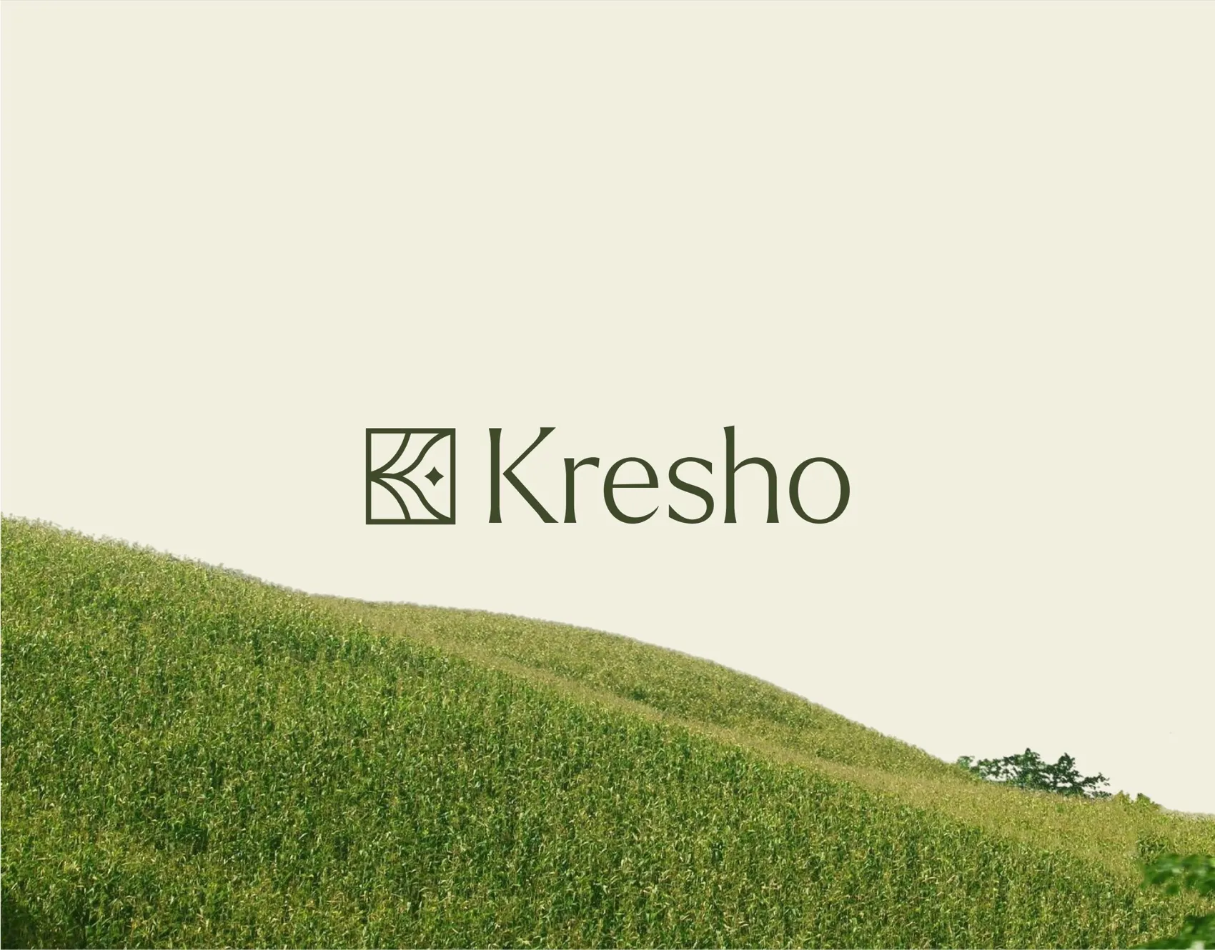 Kresho logo over a green grassy hill under a pale sky