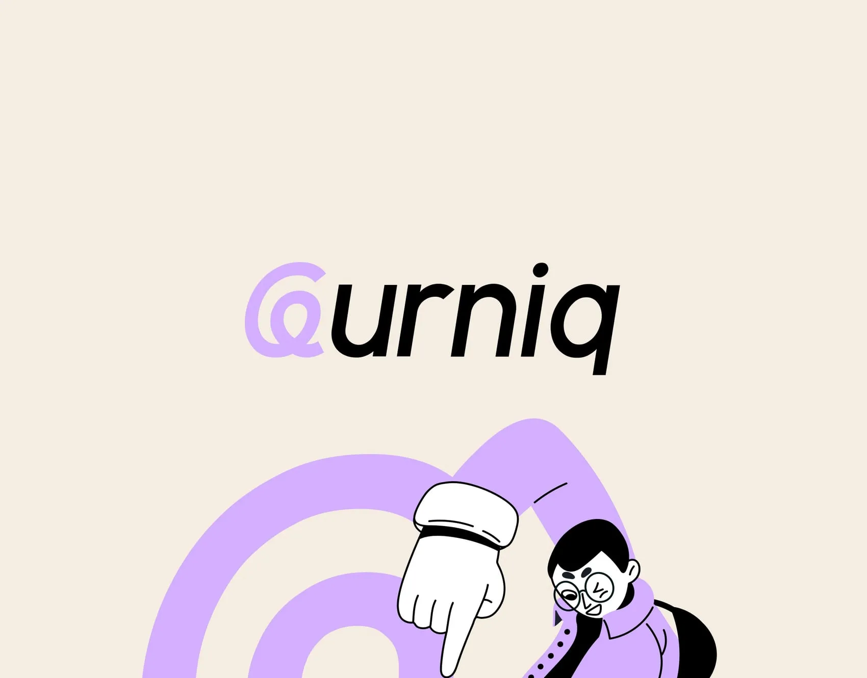 Leurniq logo above a purple illustration of a hand pointing and a student with glasses