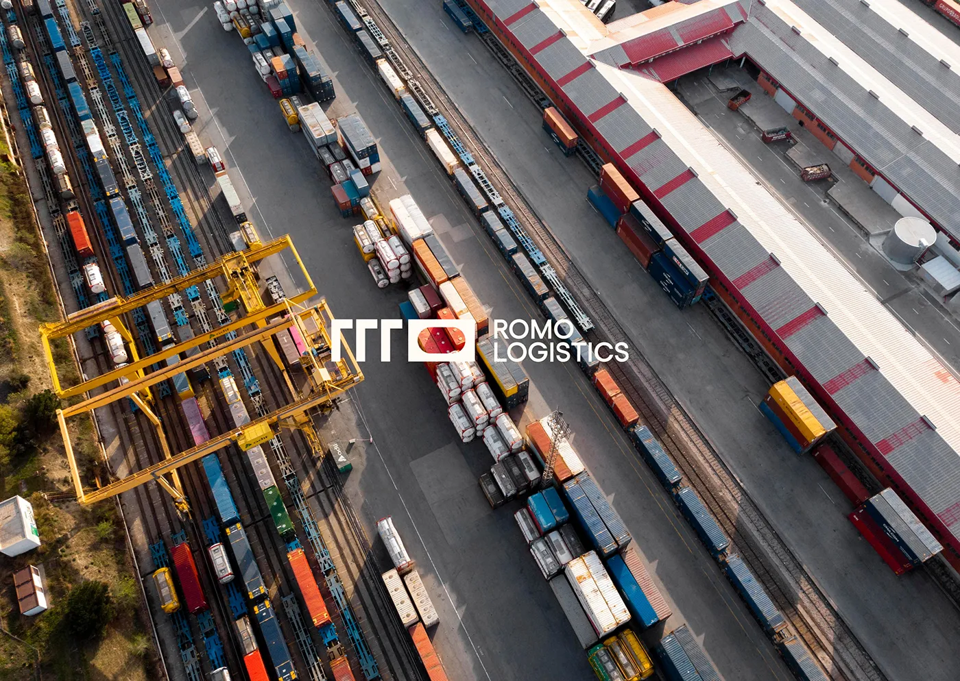 ROMO Logistics logo over an aerial view of a container terminal with trucks