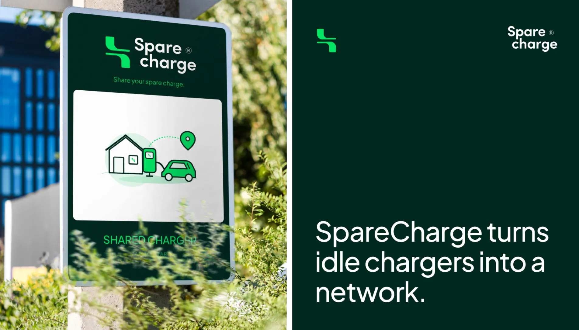 SpareCharge signage reading “SpareCharge turns idle chargers into a network”