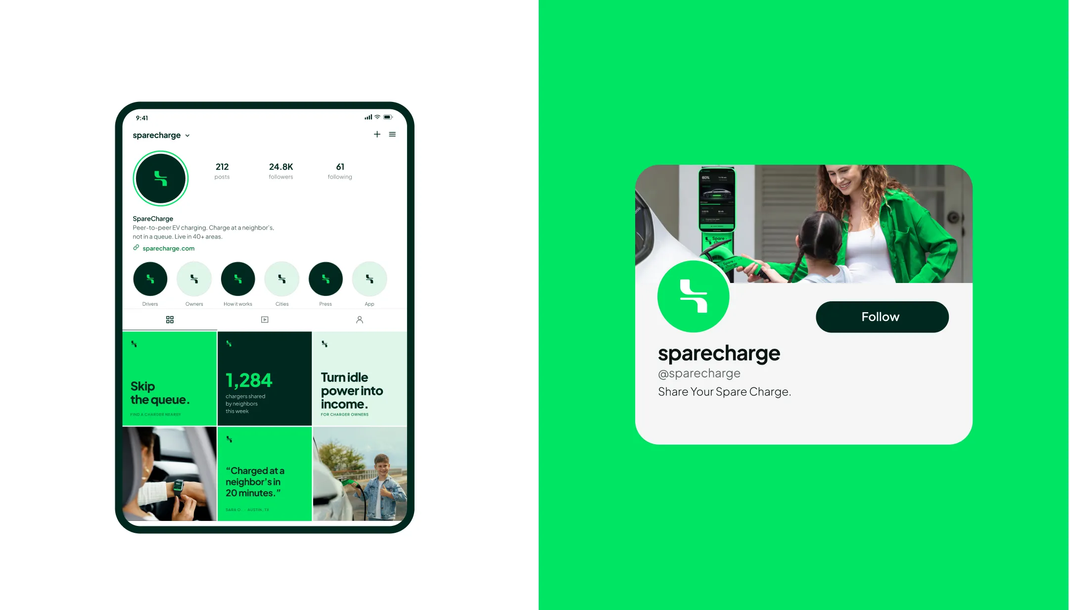 SpareCharge social posts on a phone and a lime green ad card