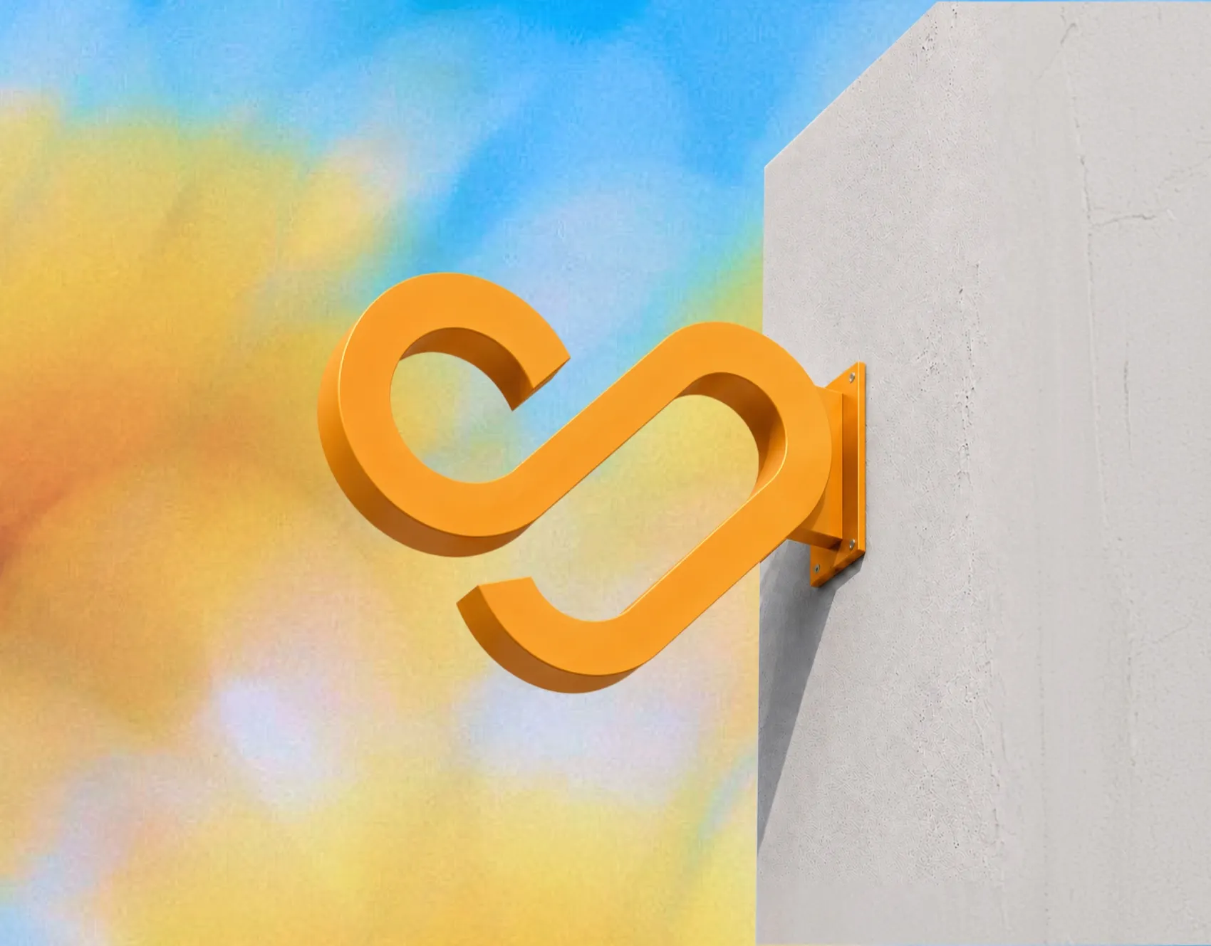 Orange 3D Sovia symbol against a soft blue and yellow background