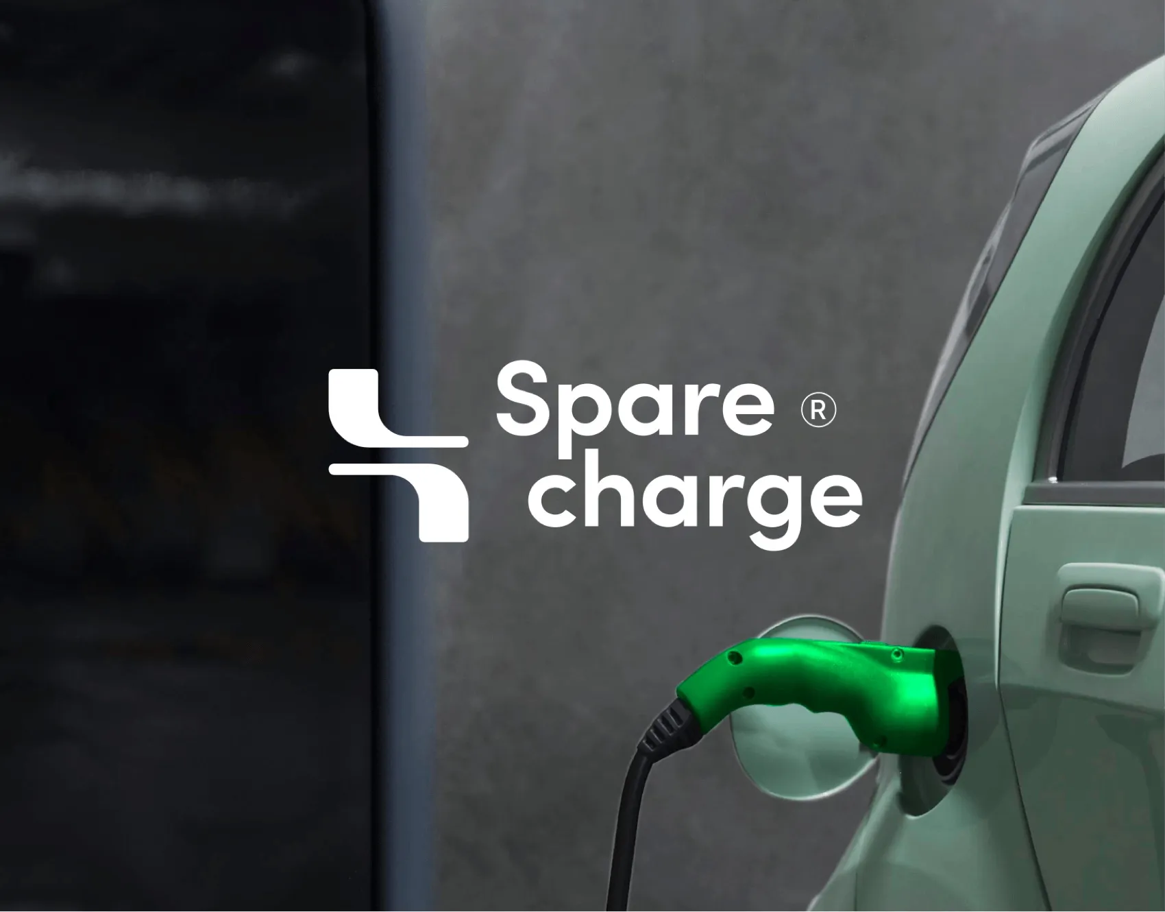 SpareCharge logo next to an electric car plugged into a green charger