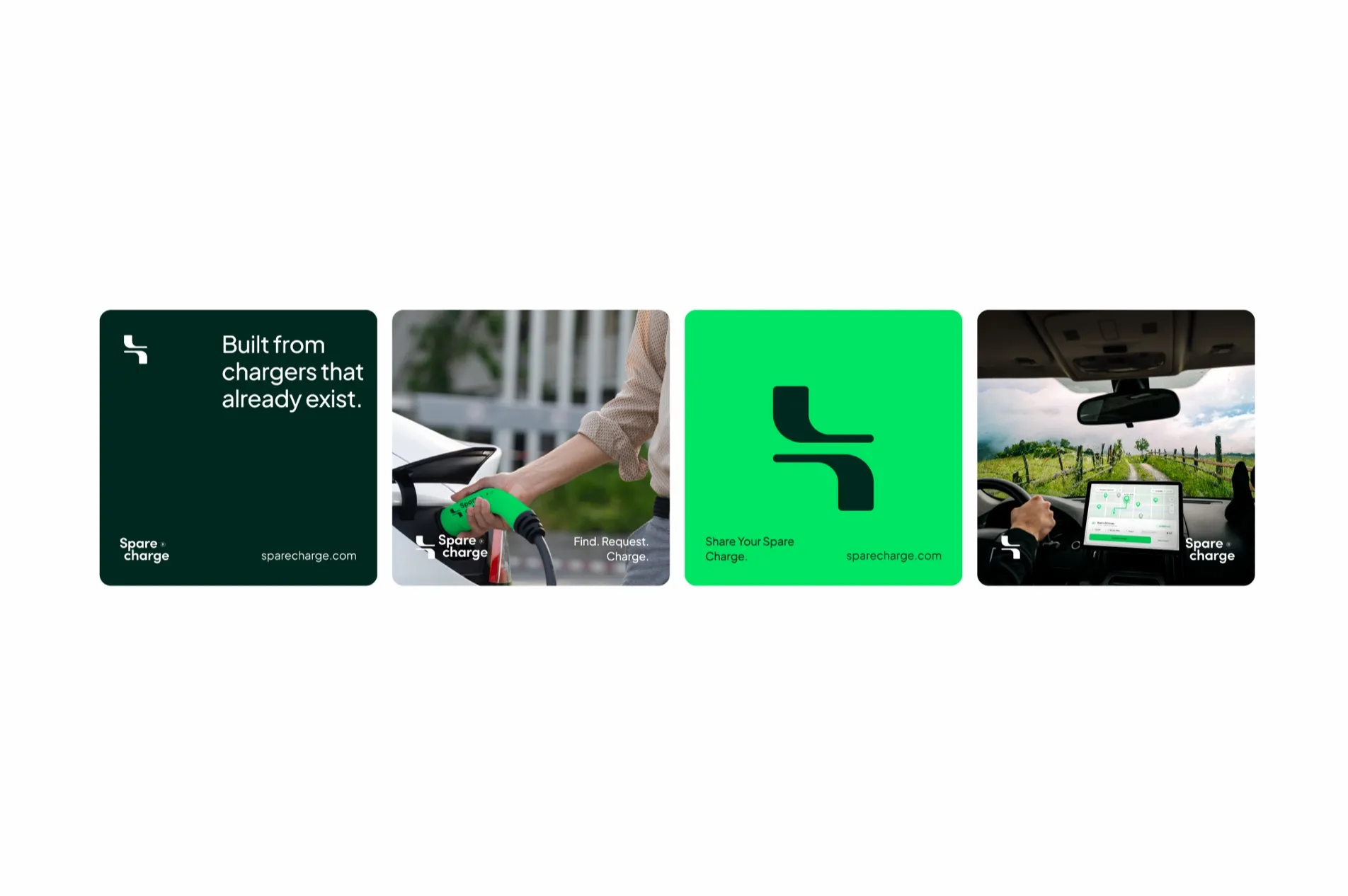 SpareCharge social tiles in dark green and lime