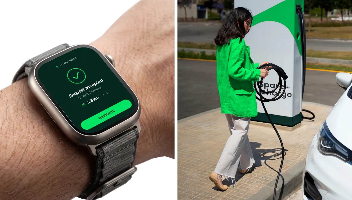 SpareCharge smartwatch app and a woman charging her car
