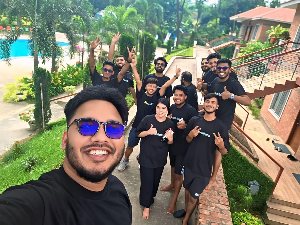 A selfie at a resort with the Wolfpixel team waving behind