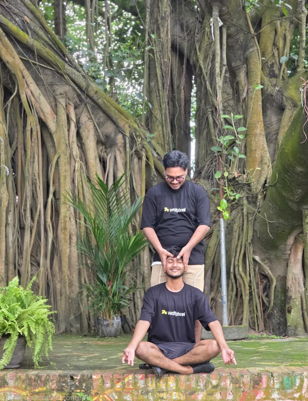 Two team members posing in front of a banyan tree on a team trip