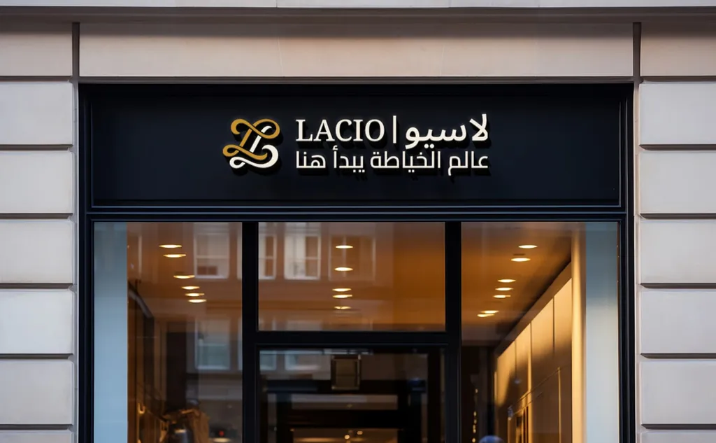 Lacio shop sign with the bilingual logo lit in gold above a glass shopfront