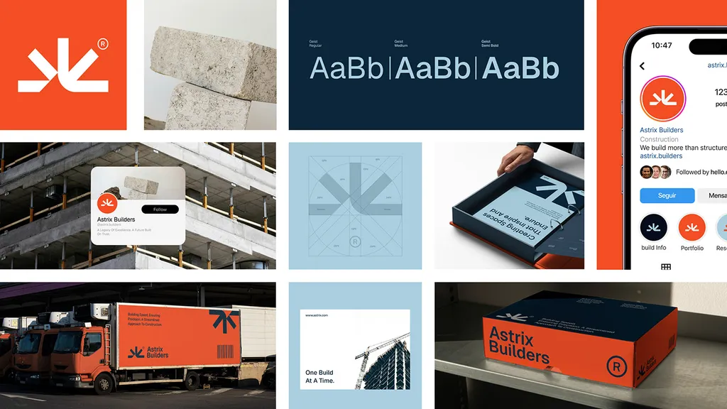 Astrix Builders identity at a glance: the orange mark, concrete, Geist type, an app screen, stationery, a truck and a box