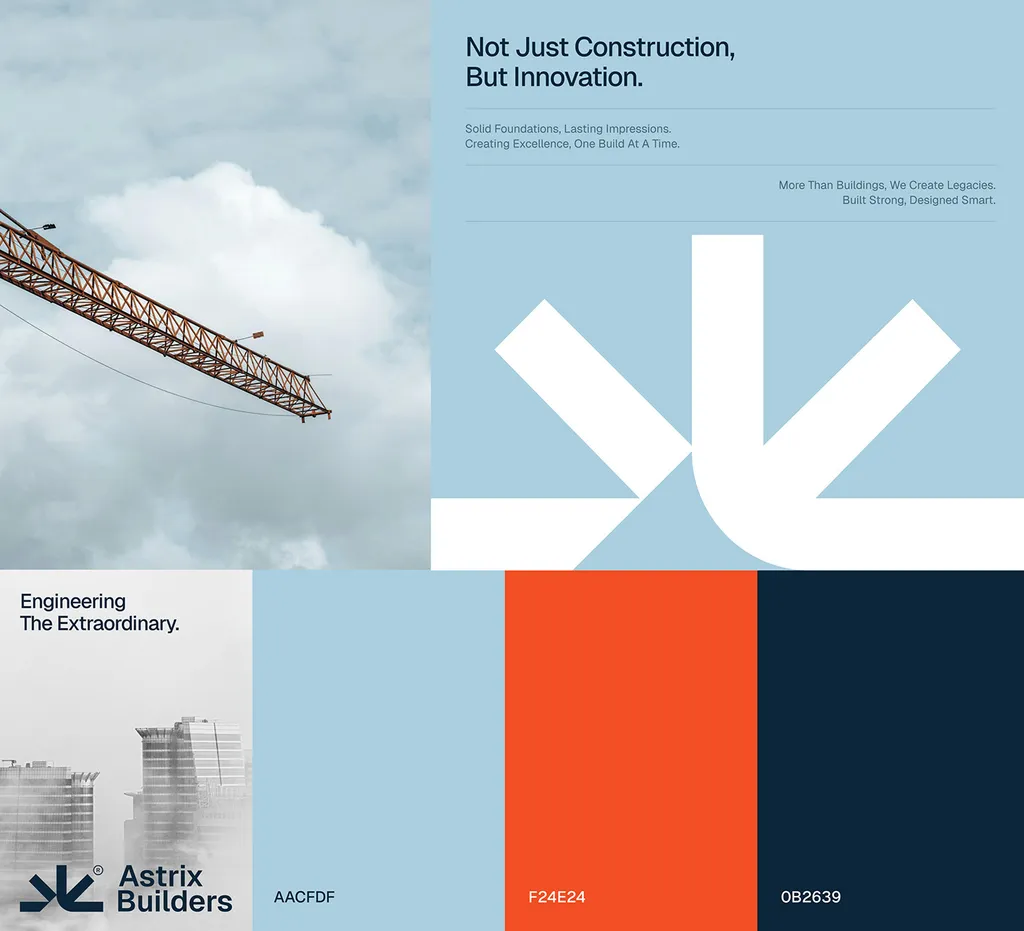 Astrix Builders brand board: a crane against the sky, the white mark on blue and blocks of orange and navy