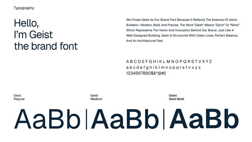 Astrix Builders typography page introducing Geist in regular, medium and semibold