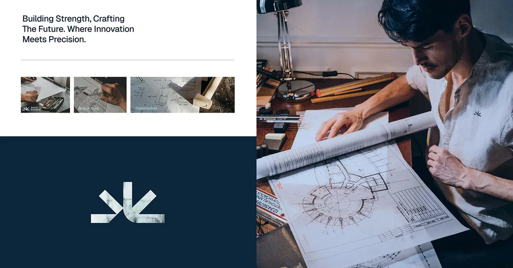 Astrix Builders website hero with the line “Building Strength, Crafting The Future” and an architect drawing