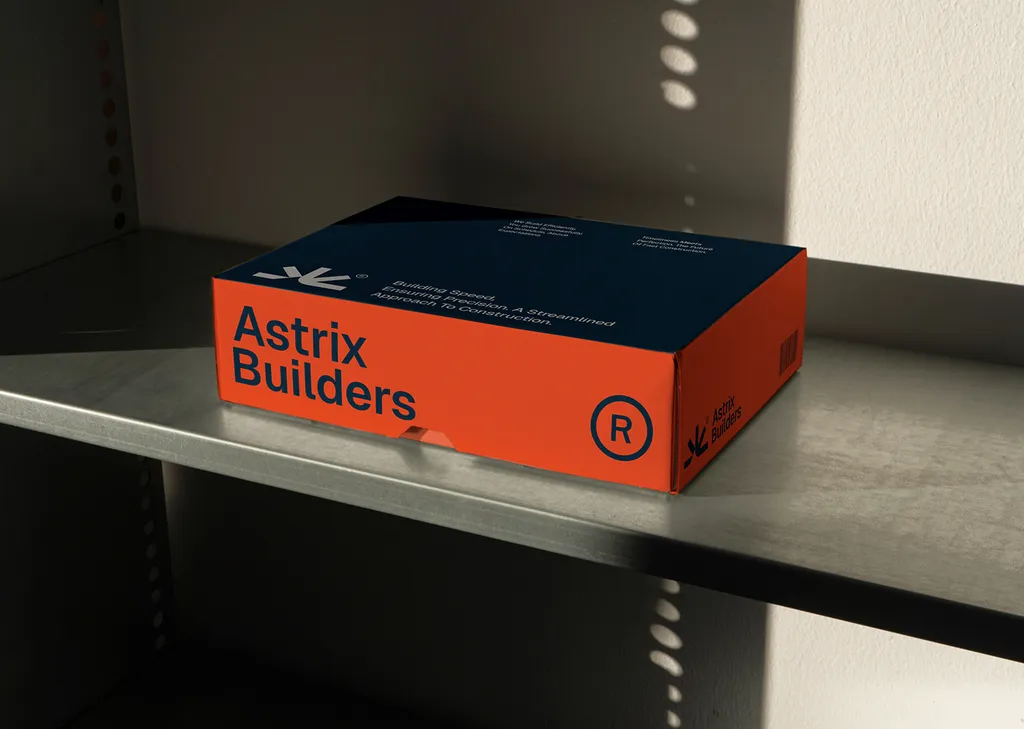 Orange Astrix Builders box on a steel shelf