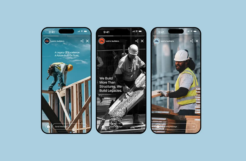 Three phones showing Astrix Builders Instagram stories with construction workers