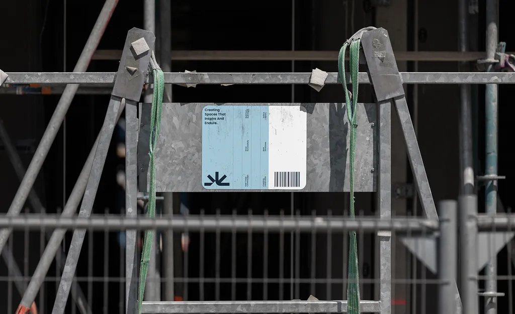 Astrix Builders banner tied to steel scaffolding barriers