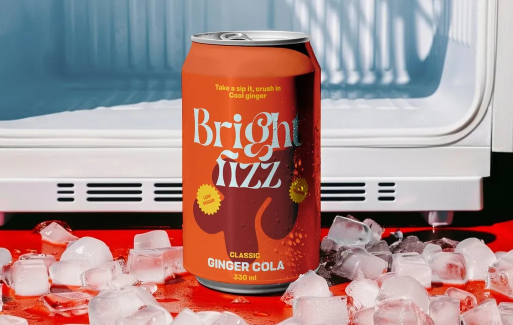 Orange Bright Fizz ginger cola can on ice in front of an open fridge