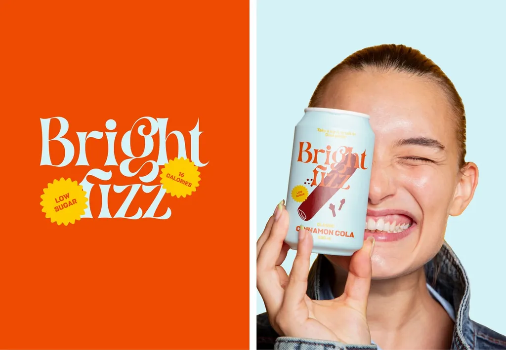 Bright Fizz wordmark with stickers on orange, and a smiling woman holding a cinnamon cola can