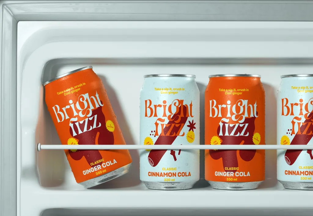 Bright Fizz cans lined up in a fridge door