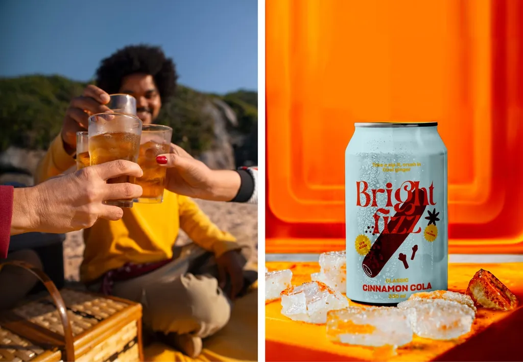 Friends toasting with glasses at a picnic, and a cinnamon cola can on ice on orange