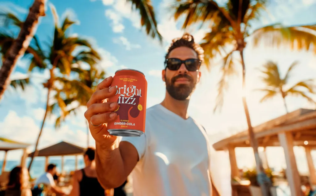 Man in sunglasses holding up a Bright Fizz can at a beach bar