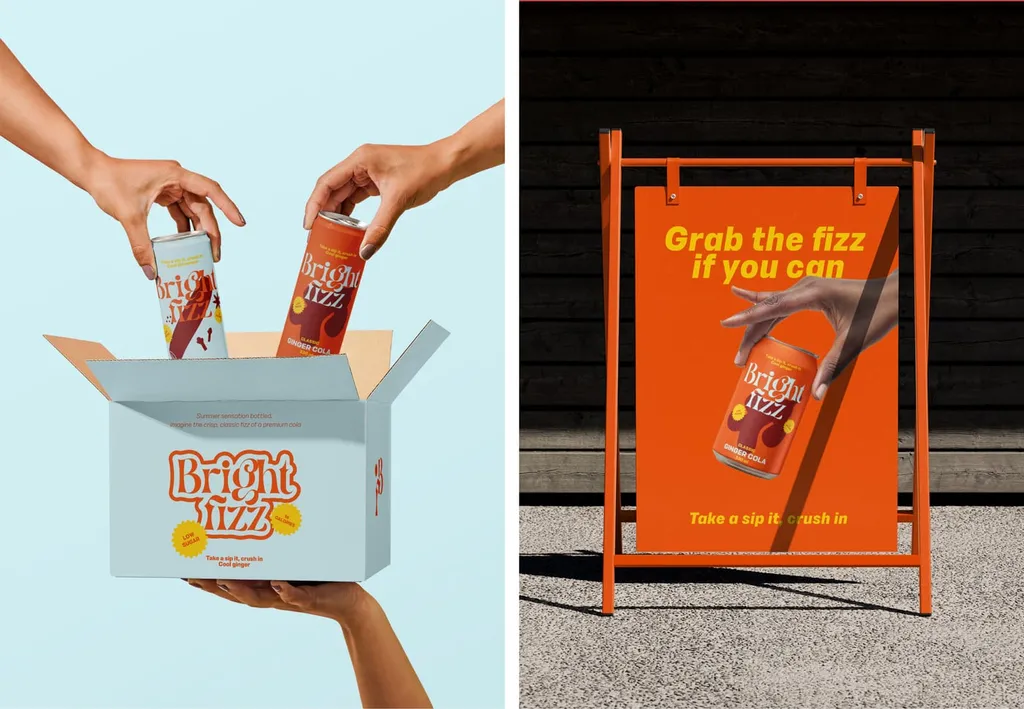 Hands lifting cans out of a Bright Fizz box, and an orange A-frame sign: “Grab the fizz if you can”