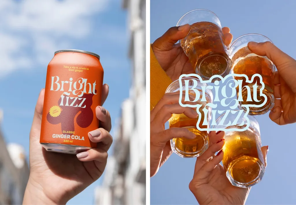 Hand holding a ginger cola can against the sky, and the logo over glasses raised in a toast