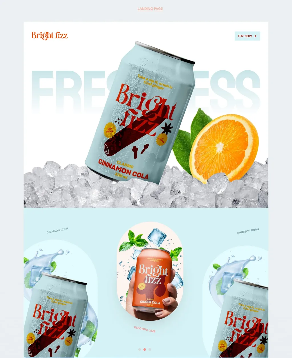 Bright Fizz website: the hero with a cinnamon cola can on ice and the flavor section