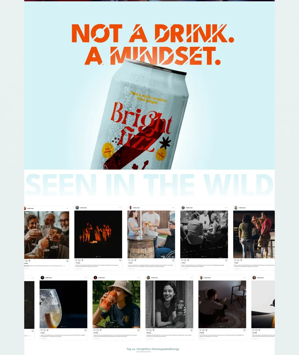Bright Fizz website: “Not a drink. A mindset.” and the “Seen in the wild” photo wall