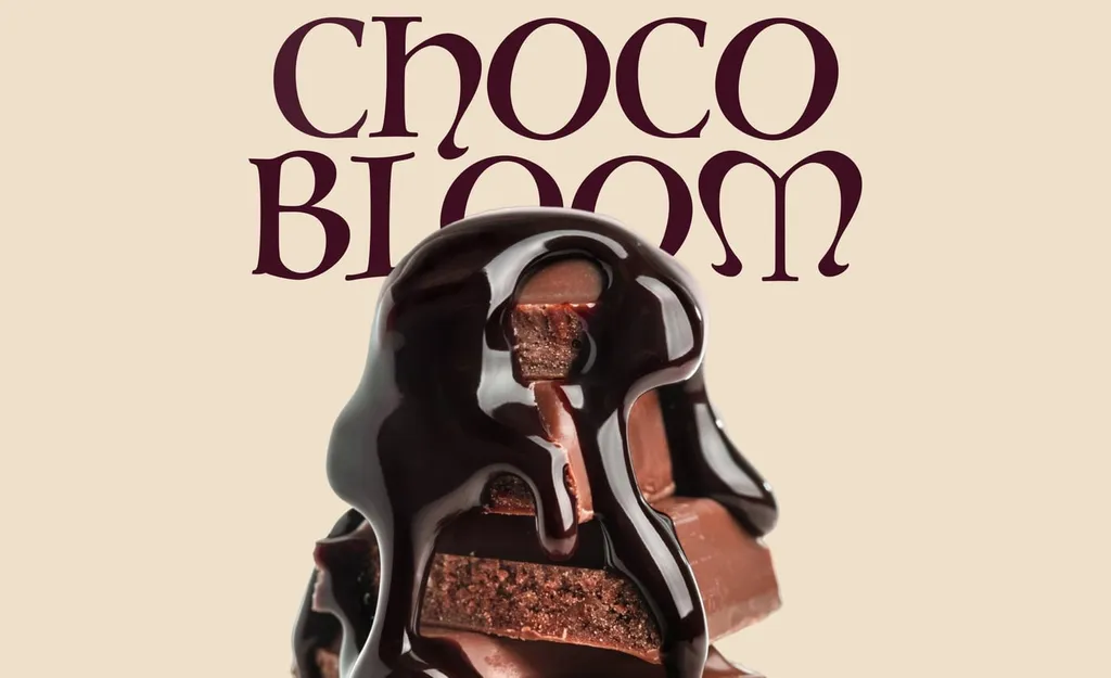 ChocoBloom wordmark above a stack of chocolate pieces covered in melted chocolate