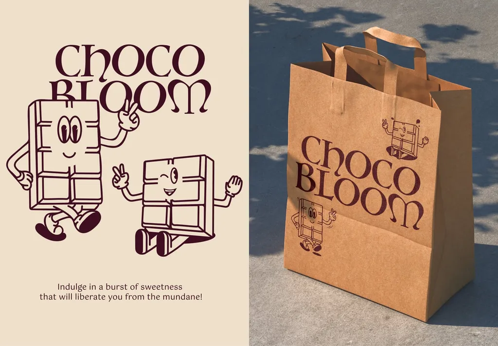 ChocoBloom chocolate bar characters waving, and the logo on a kraft paper bag