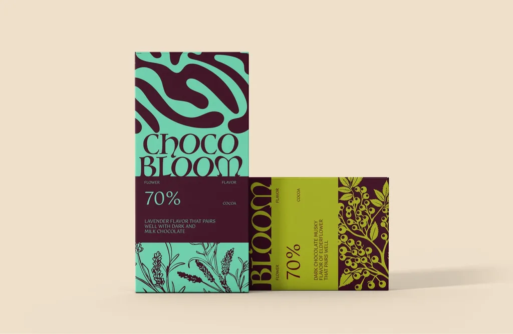 Two ChocoBloom 70% wrappers: lavender in mint and plum, elderflower in lime and plum