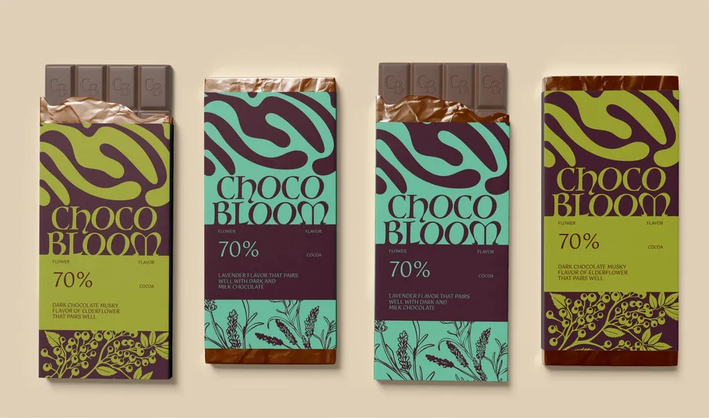 Four ChocoBloom bars in mint, plum and lime wrappers