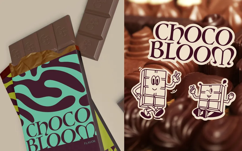 Opened ChocoBloom bar, and the logo and characters over chocolate pralines