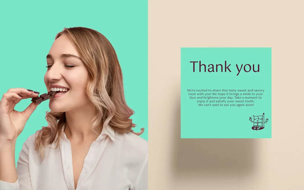 Woman biting a piece of chocolate next to a mint ChocoBloom thank-you card