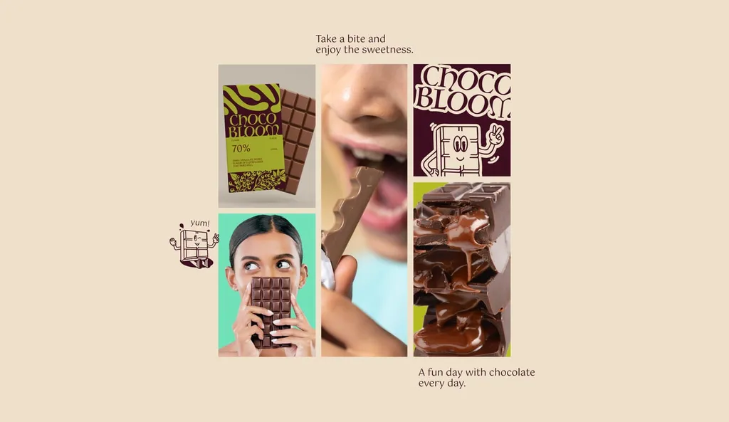 ChocoBloom collage: “Take a bite and enjoy the sweetness” with wrappers, photos and a character