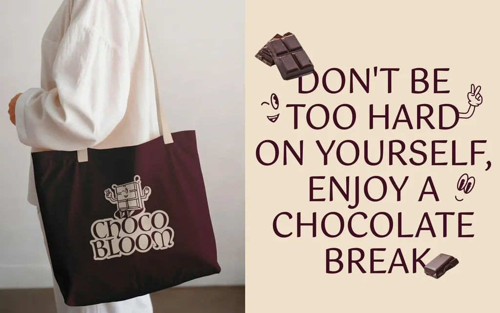 Dark ChocoBloom tote bag next to the line “Don’t be too hard on yourself, enjoy a chocolate break”