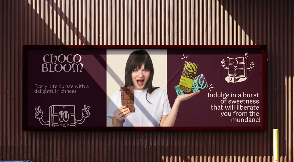ChocoBloom billboard: “Indulge in a burst of sweetness that will liberate you from the mundane!”