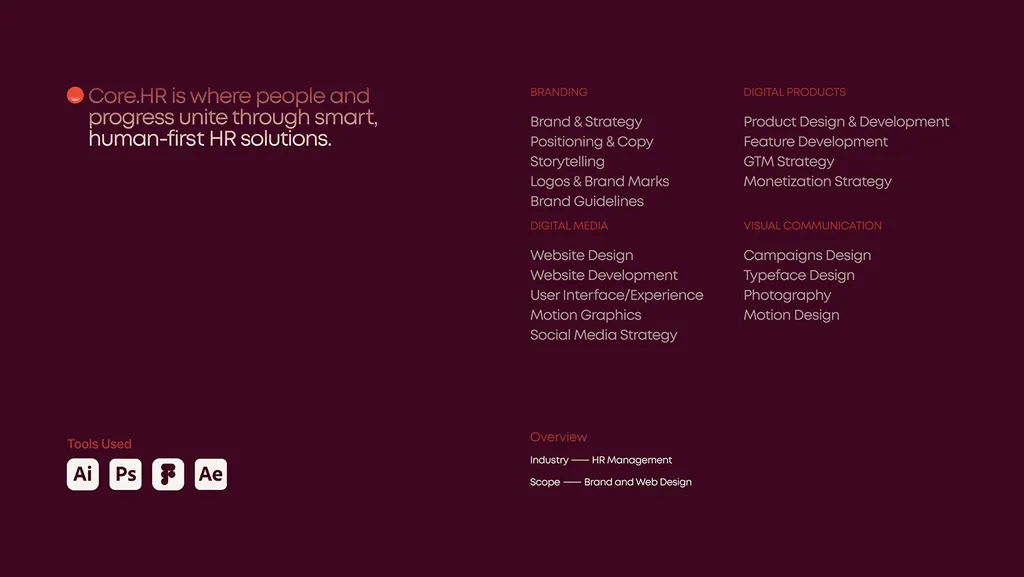 Core.hr project page: “Core.HR is where people and progress unite through smart, human-first HR solutions” and the services list