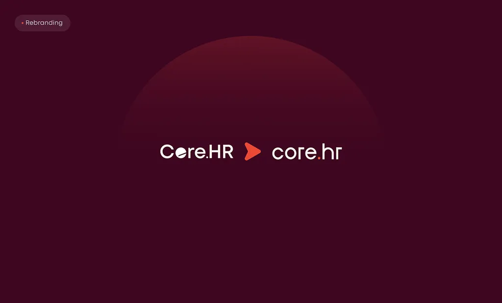 The old Core.HR logo next to the new lowercase core.hr wordmark on burgundy