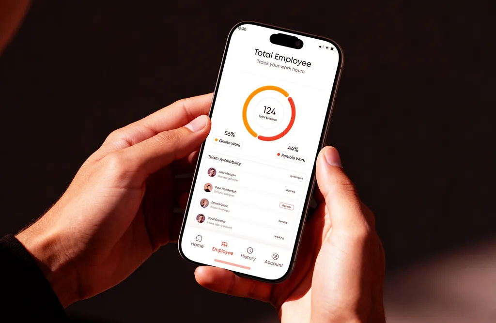 Hand holding a phone with the core.hr app showing total employees on a ring chart