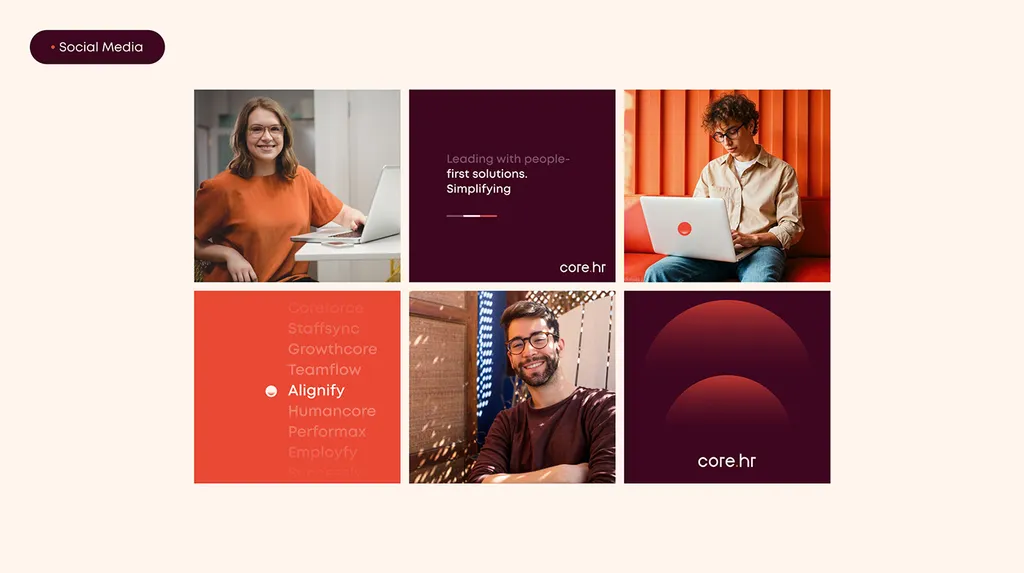 core.hr social media posts with employee portraits and red tiles