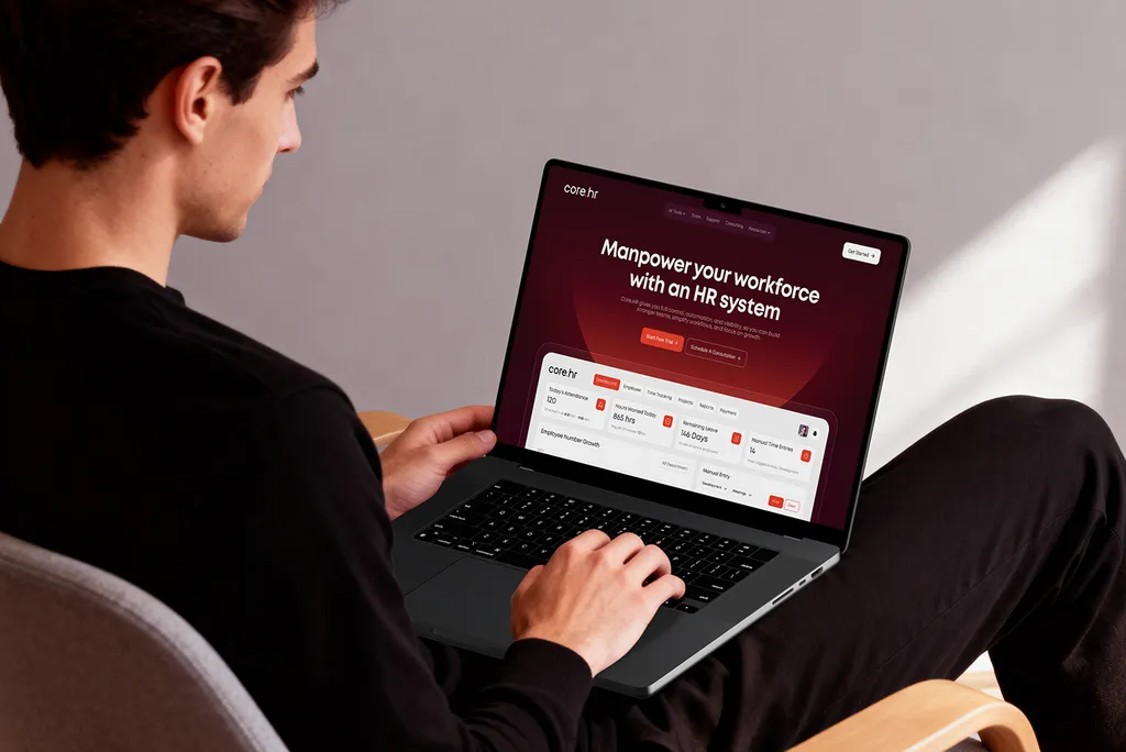 Man using a laptop showing the core.hr website hero