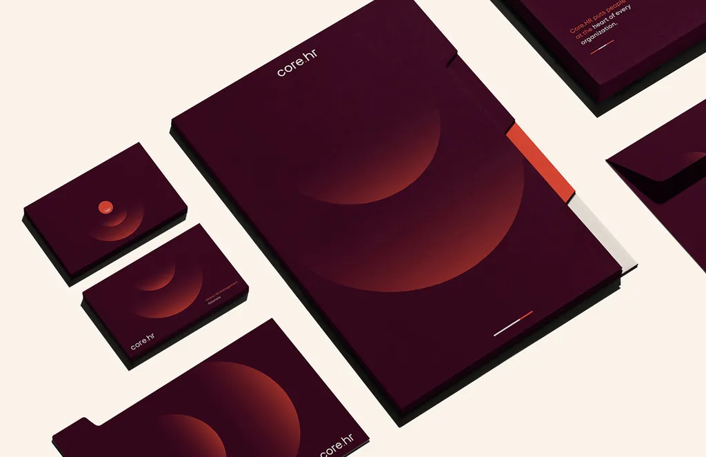core.hr stationery: business cards, letterhead and folder in burgundy with a red circle