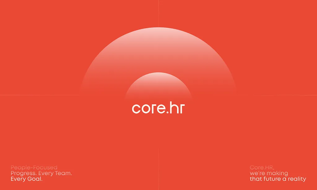 core.hr wordmark under a glowing circle on a bright red background