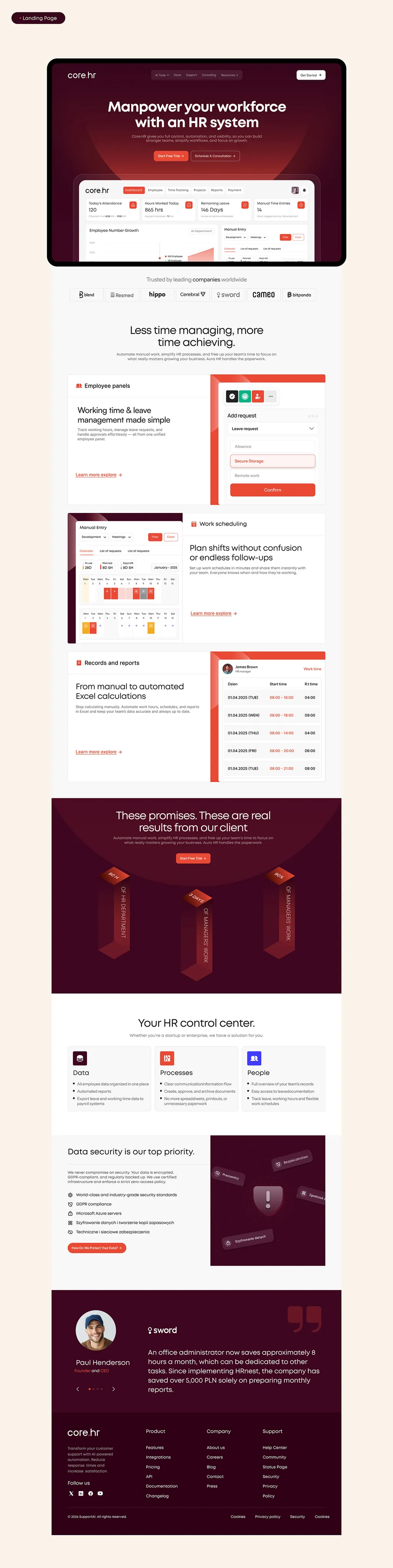 Full core.hr landing page from hero to footer