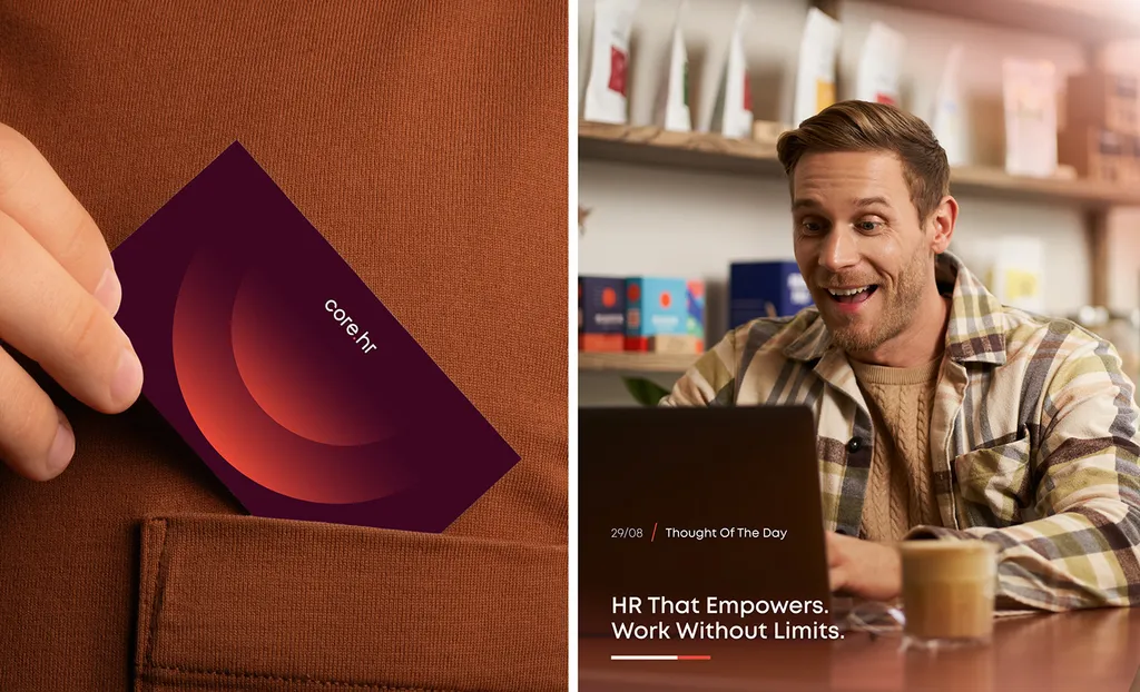 core.hr card in a jacket pocket and a man smiling over coffee: “HR That Empowers. Work Without Limits.”